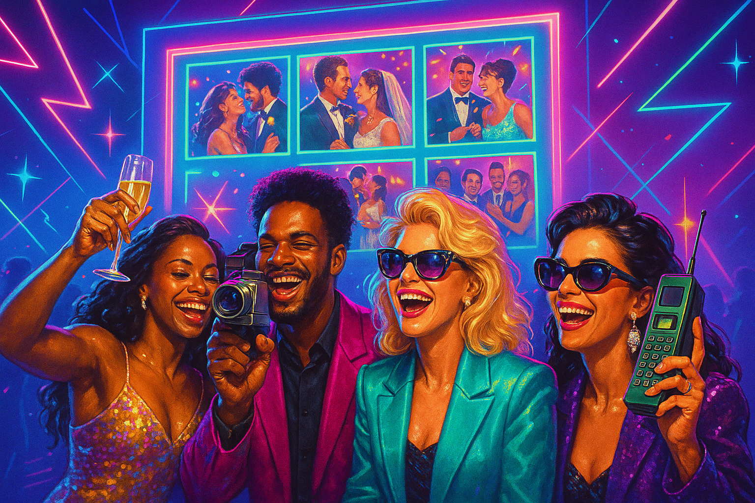 Partix in action - four people at a retro party celebrating with photos appearing on a neon-framed screen with AI filtering